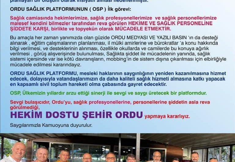 ORDU SAĞLIK PLATFORMU KURULDU : ”Hekim Dostu Şehir ORDU”